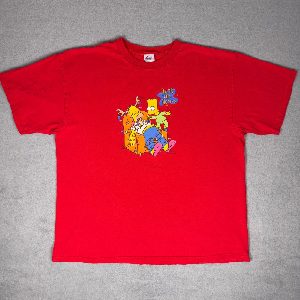 Vintage Y2K Simpsons Deck the Homer Christmas T-Shirt Red Mens XL Bart Homer